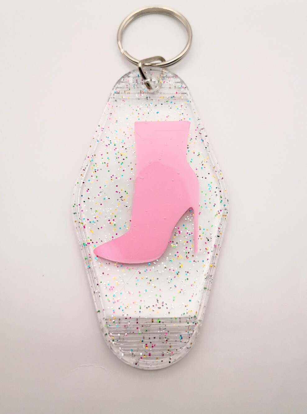 Pink High Heel Boot Keychain - Glitter Acrylic Key Ring - Picture 2 of 3